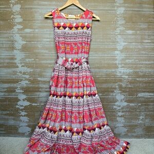 Marigold Lane Gond Belted Maxi Dress Fish Print Boho Preppy Artsy Womens XS